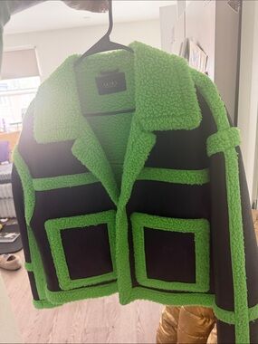 AKIRA Black Jacket with Neon Green Sherpa Trim